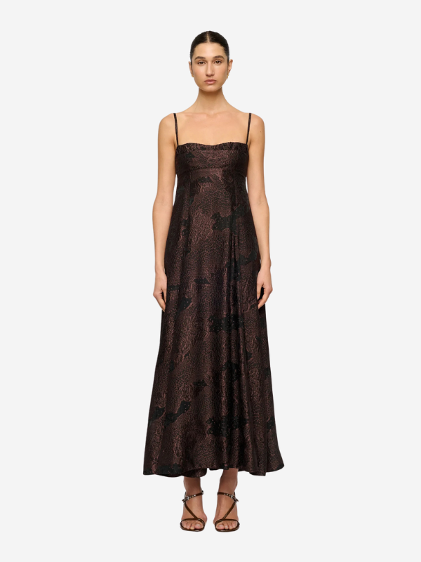 Close-up of the Theron Midi Dress in Arabica highlighting the gathered insert panel and adjustable straps.
