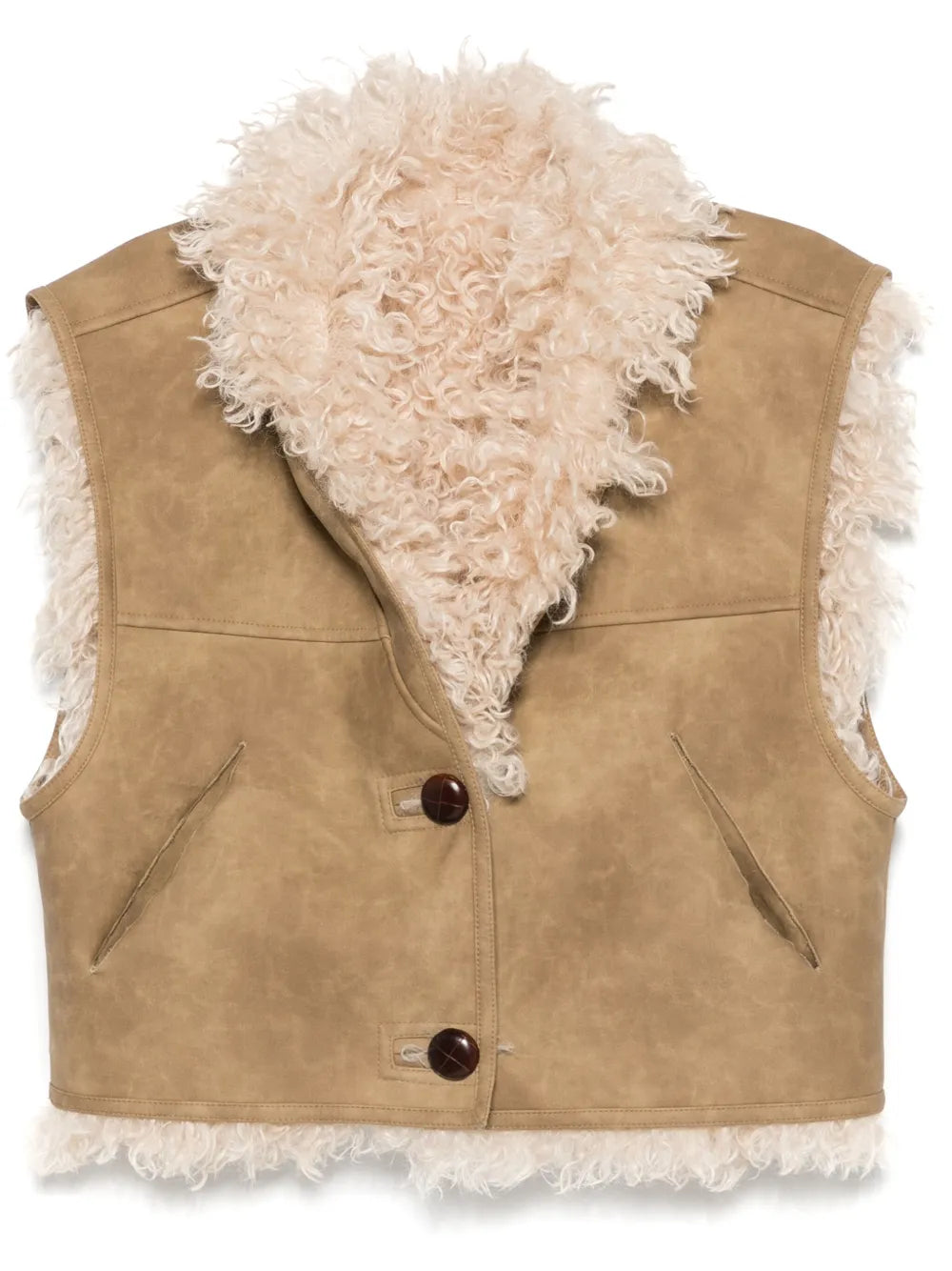 Clara Vest in Taupe by Isabel Marant, featuring a stylish shearling design with a cropped cut and shawl collar.
