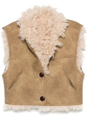 Clara Vest in Taupe by Isabel Marant, featuring a stylish shearling design with a cropped cut and shawl collar.