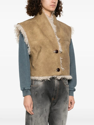 Isabel Marant Clara Vest in Taupe, highlighting its side pockets and reversible style.