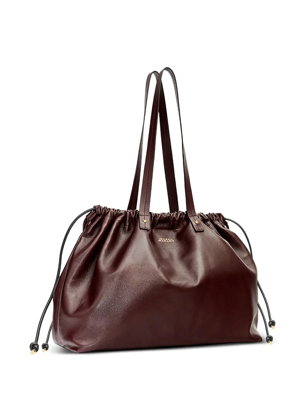 Stylish close-up of the Silven E/W Bag in Burgundy showcasing gold-finish metal details and embossed logo by Isabel Marant.