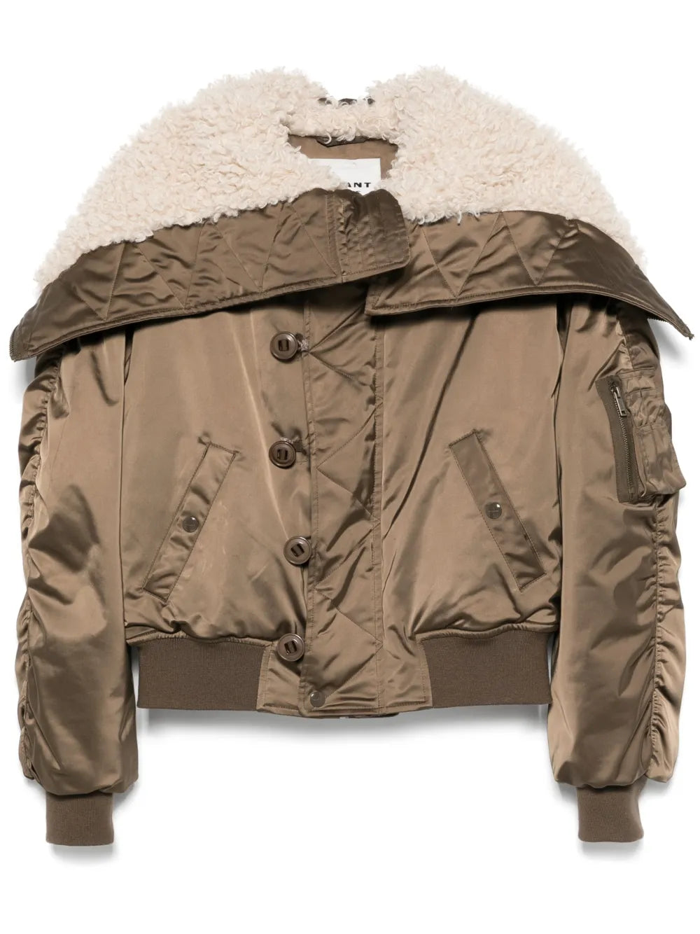 Elisa Coat in Khaki by Isabel Marant, showcasing a stylish shearling faux fur quilted satin nylon design.