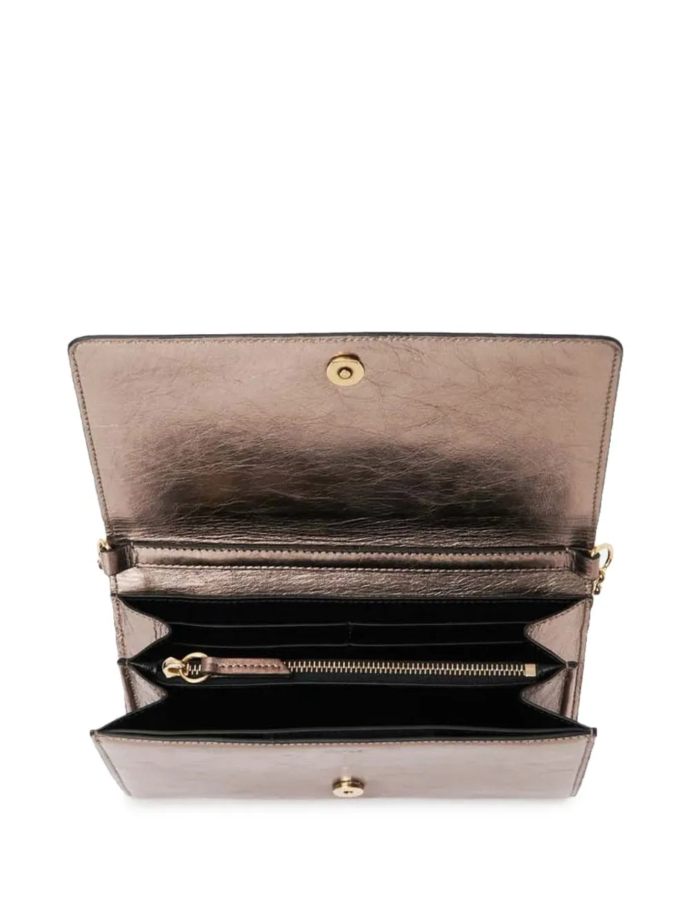 Iconic Flap Wallet on Chain in Shiny Grey Metallized Leather