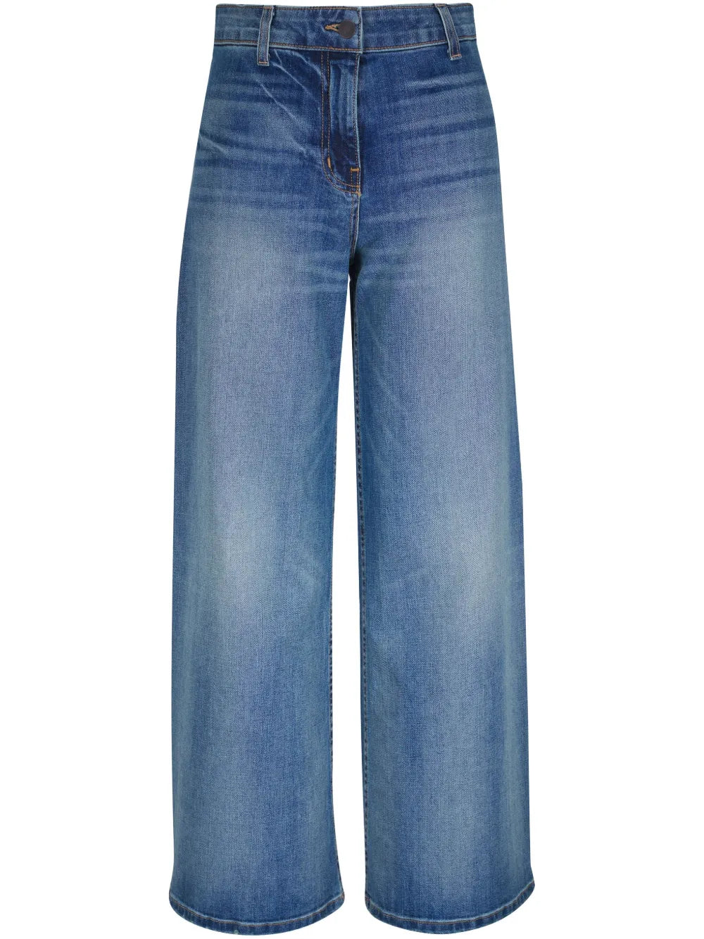 Megan Jean in Classic Wash displayed on a model showcasing the mid-rise cropped wide leg design, made by Nili Lotan.