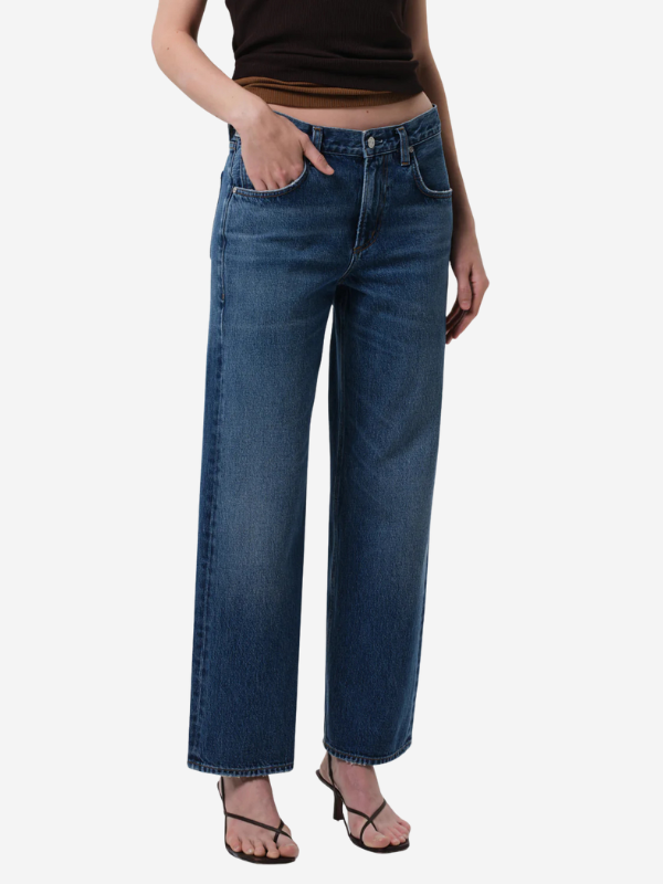 Side view of Lindz Easy Straight in Chaya, showing the structured leg opening and casual style.