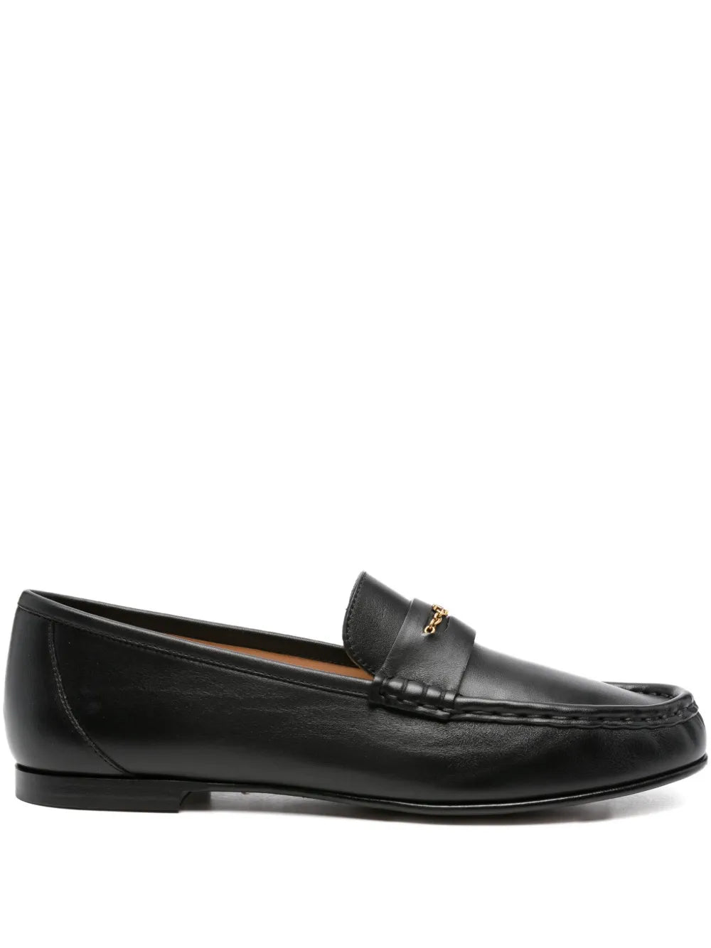 Chloé Loafer in Black showcasing shiny calfskin and pleated detail, elegantly adorned with a gold-tone chain.