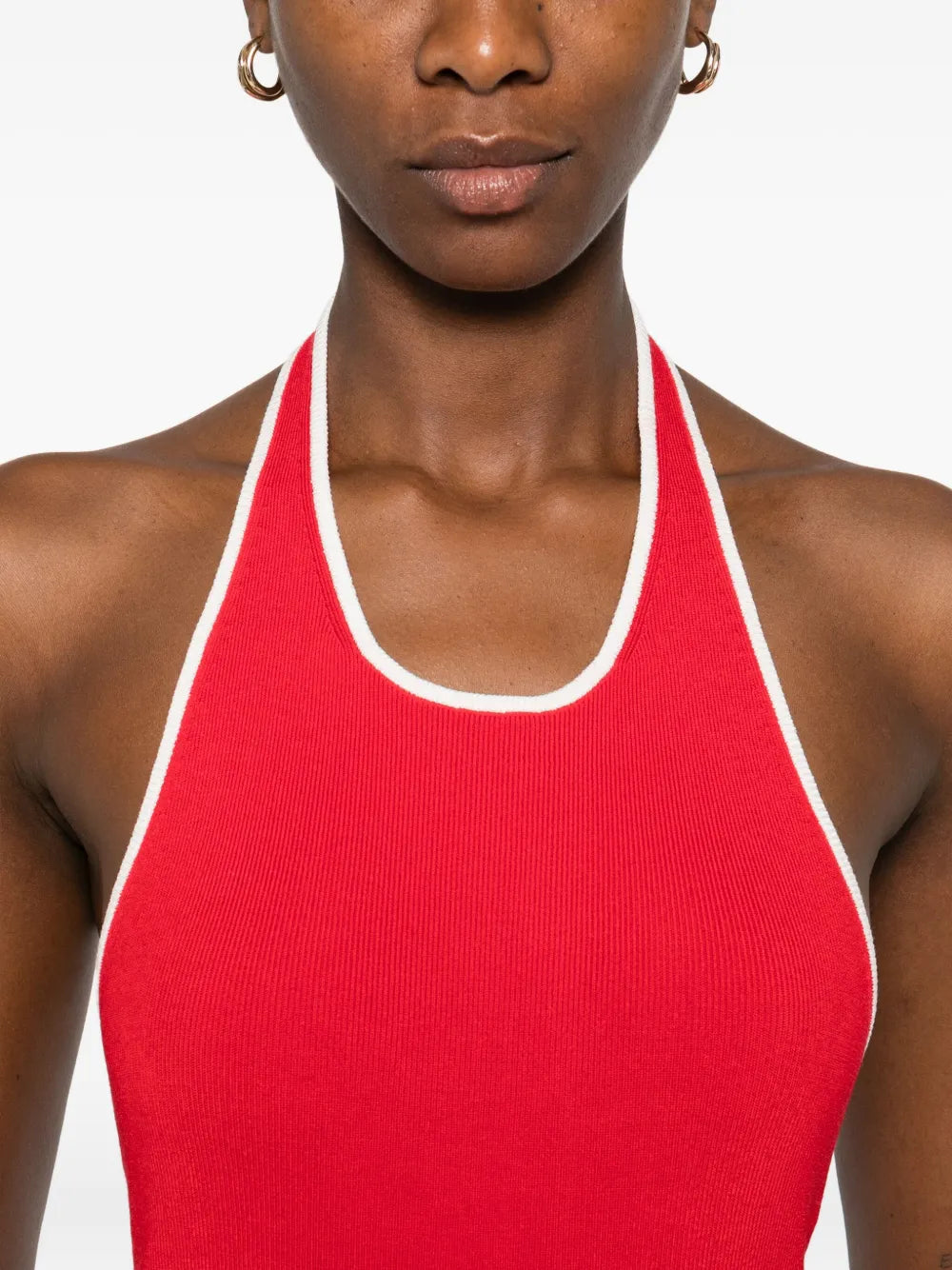 Fine Line Halter Top in Red, highlighting the fabric's luxurious texture and comfortable fit.