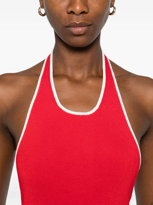 Fine Line Halter Top in Red, highlighting the fabric's luxurious texture and comfortable fit.