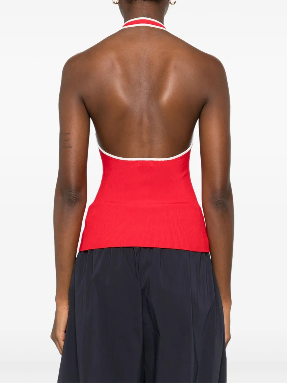Fine Line Halter Top in Red, perfect for an elegant summer look with its sleek design.