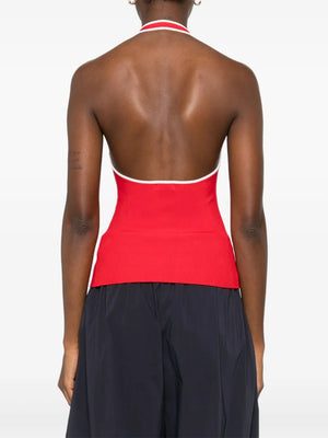 Fine Line Halter Top in Red, perfect for an elegant summer look with its sleek design.