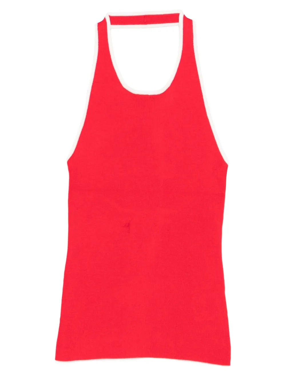 Fine Line Halter Top in Red showcasing its minimalist silhouette and halter neck design.