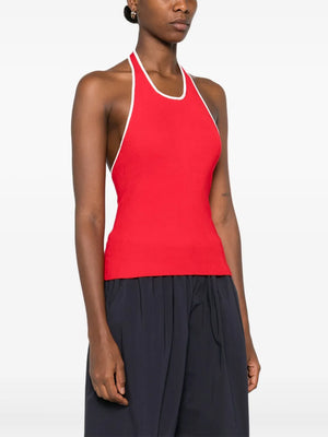 Front view of the Fine Line Halter Top in Red, featuring modern clean lines.