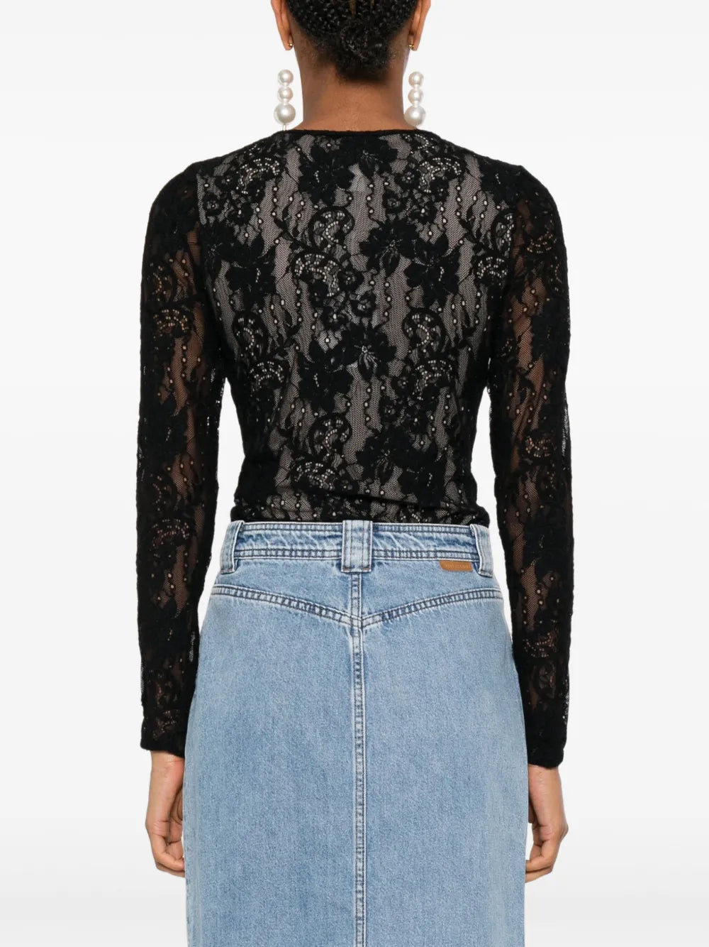 Back view of the Lace Bodysuit in Black, featuring a crew neck and mesh lining details.