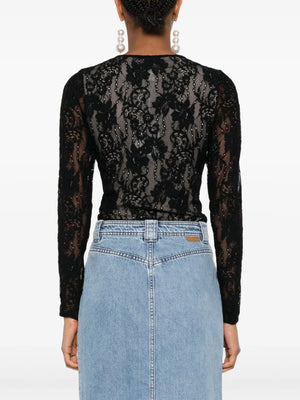 Back view of the Lace Bodysuit in Black, featuring a crew neck and mesh lining details.