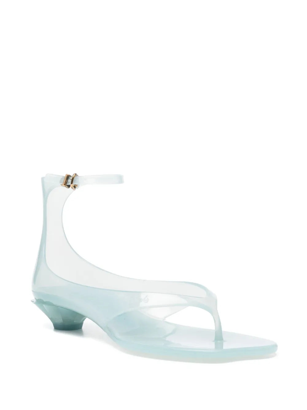 Close-up of Chloé Jelly Sandals in Spearmint with adjustable ankle strap and oversized logo.