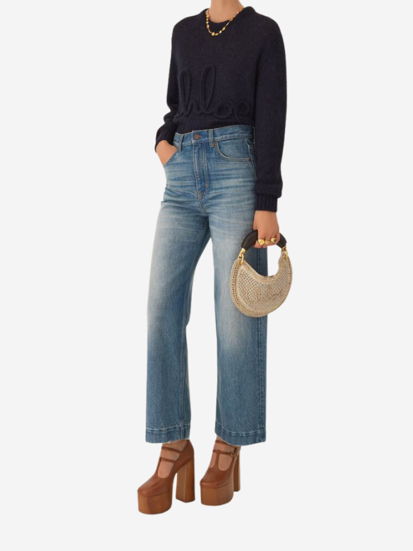 Detail of the Mini Summer Banana Hobo Bag in Silver, showcasing the glitter crochet texture and the designer's signature inspired by the Chloé heritage.