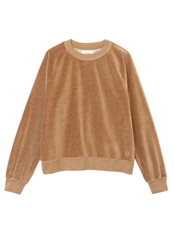 Stylish Pierre Sweatshirt in Heather Camel featuring a soft velour texture and signature heart embroidery by Xirena.