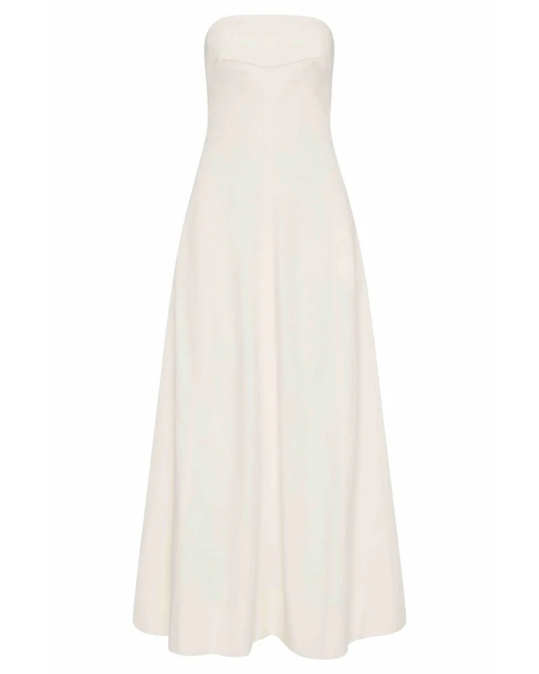 Sculpted Cotton Strapless Dress in Milk showcasing the elegant curved panel lines and full circle skirt.