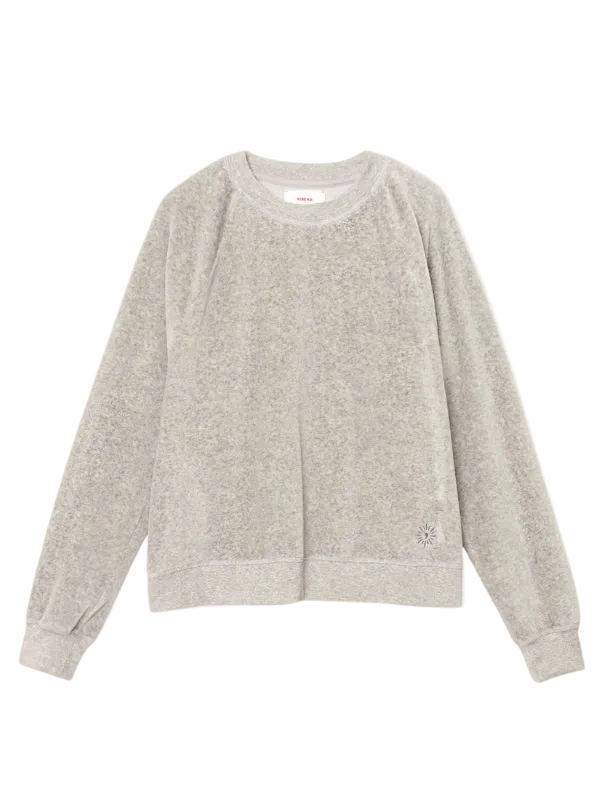 Xirena Pierre Sweatshirt in Heather Grey showcasing plush melange velour and heart embroidery at the hem.