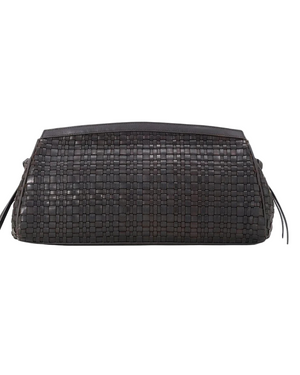 Maude Soft Clutch in Espresso Woven, a stylish woven leather clutch by STAUD featuring a unique knotted tie detail.