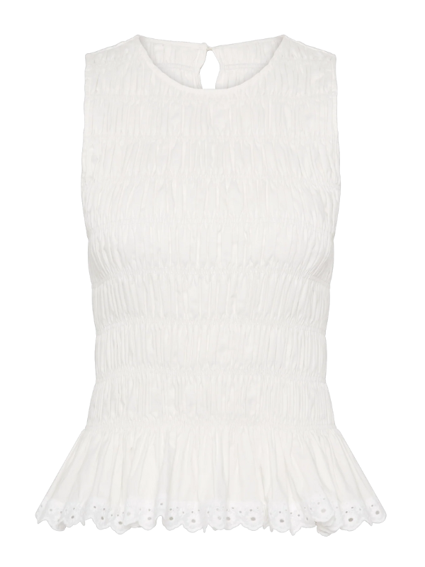 Thea Top in White by FaithFull - stylish sleeveless design with high neckline and keyhole button closure at the back.