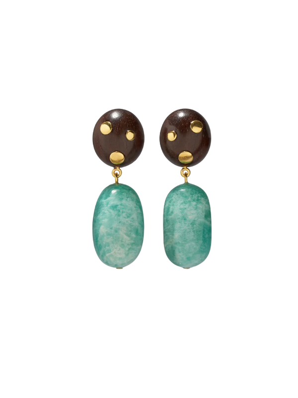 Nopales Earrings by Lizzie Fortunato featuring acacia wood tops with gold-plated brass and amazonite nugget drops.