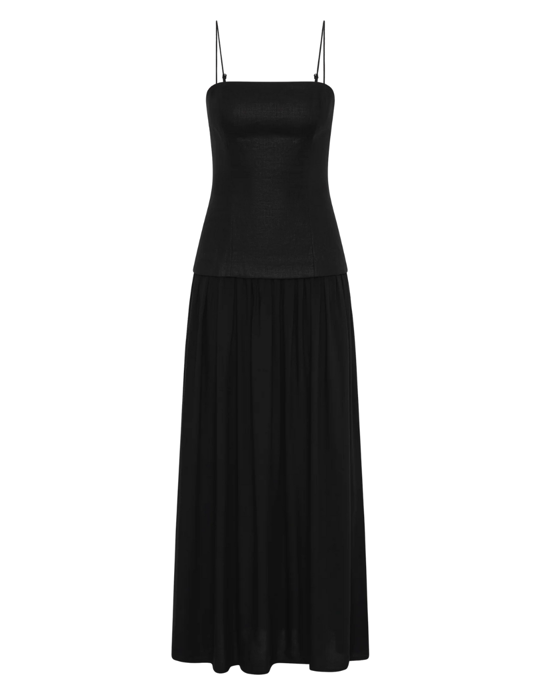 Lenise Maxi Dress in Black featuring a fitted bodice made from 100% European Flax linen, ideal for summer occasions.