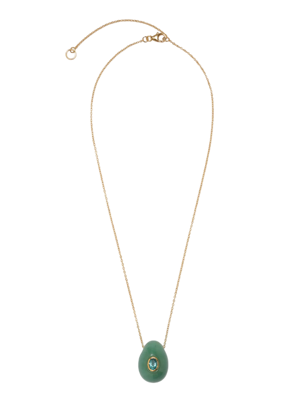 Constance Necklace in Green Aventurine showcasing a delicate gold-plated brass chain with a beautiful green aventurine egg pendant and faceted fern green topaz, designed by Lizzie Fortunato.