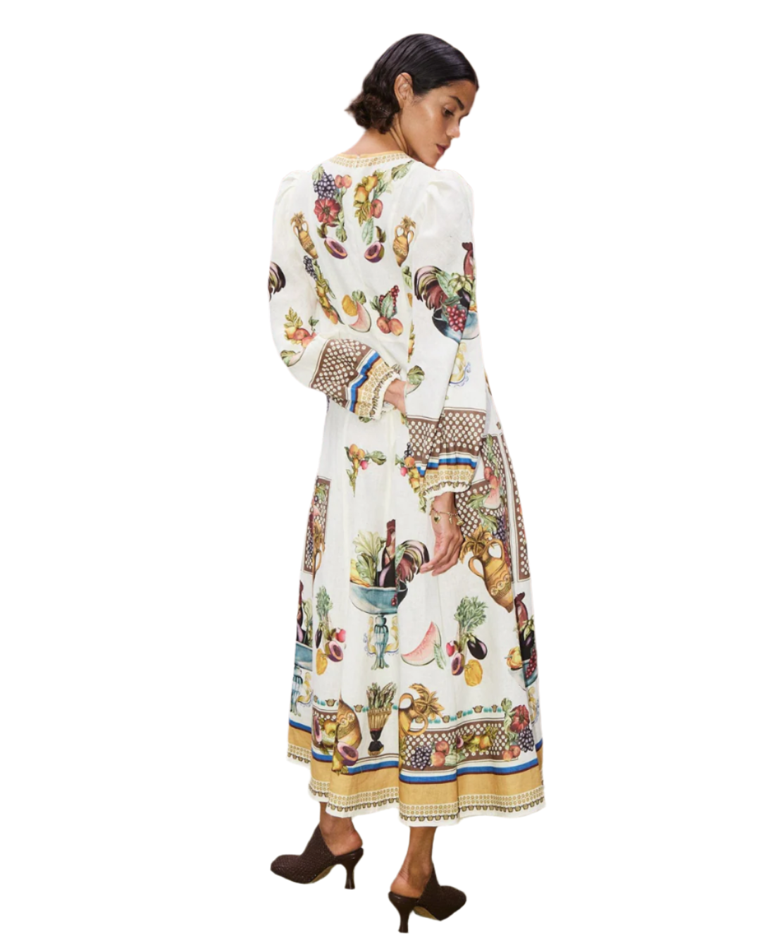 Back view of Mercado Midi Dress in Multi showcasing invisible zip and inseam pockets - Ideal midi dress for women.