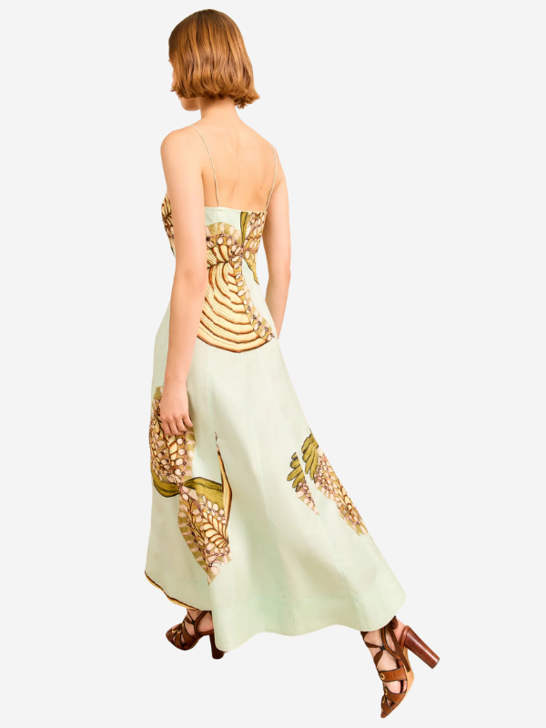 Back view of the Vesela Cami Midi Dress in Water Blossoms, highlighting its gently flared hem and flowy silhouette.
