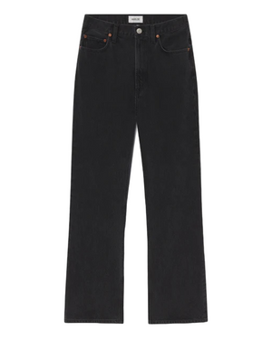 Leena Jean in Forecast - Agolde high-rise flare denim showcasing a stylish washed-out black finish.