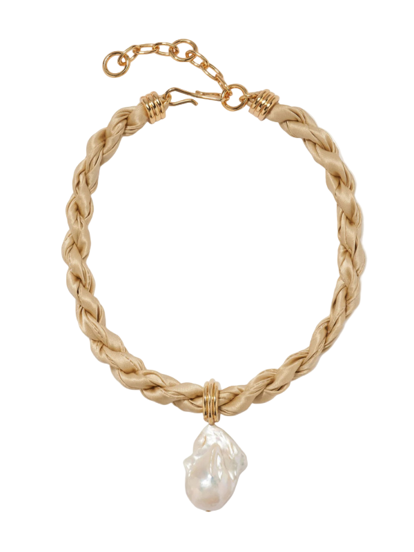 Lizzie Fortunato Woven Collar in Sandbar showcasing hand-twisted ivory silk cord and unique freshwater pearls.
