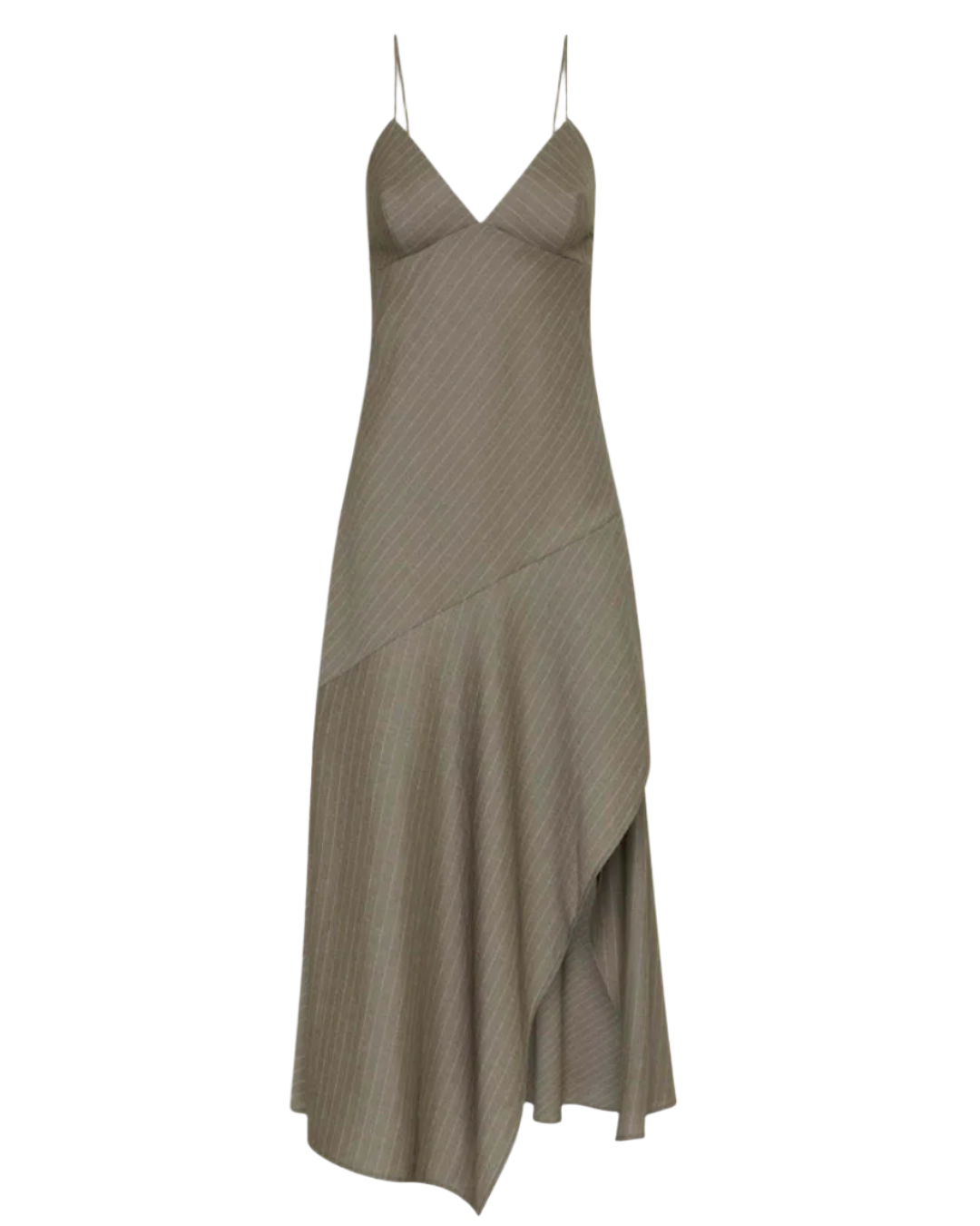Styled shot of the Asymmetric Slip Dress in Khaki Pinstripe by St. Agni, showcasing its V-neckline and graceful draped hem. Ideal asymmetric slip dress for a chic and elegant look.