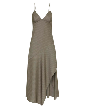 Styled shot of the Asymmetric Slip Dress in Khaki Pinstripe by St. Agni, showcasing its V-neckline and graceful draped hem. Ideal asymmetric slip dress for a chic and elegant look.