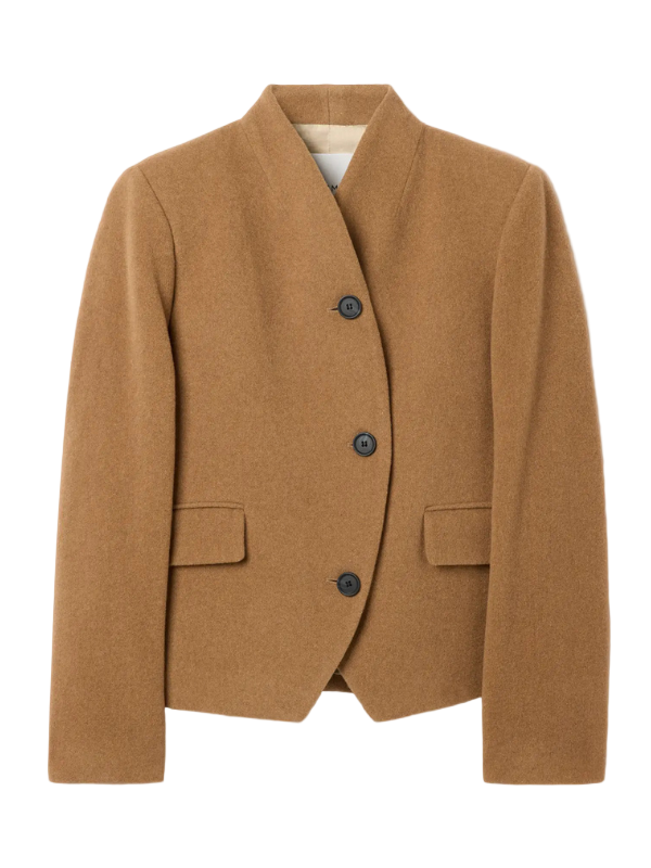 Short Curved Jacket in Camel, featuring a tailored design with a stand collar and stylish flap pockets.