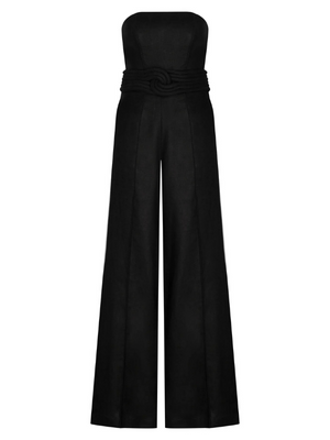 Un Secretito in Black strapless linen jumpsuit by Andres Otalora with detachable rope belt on a hanger.