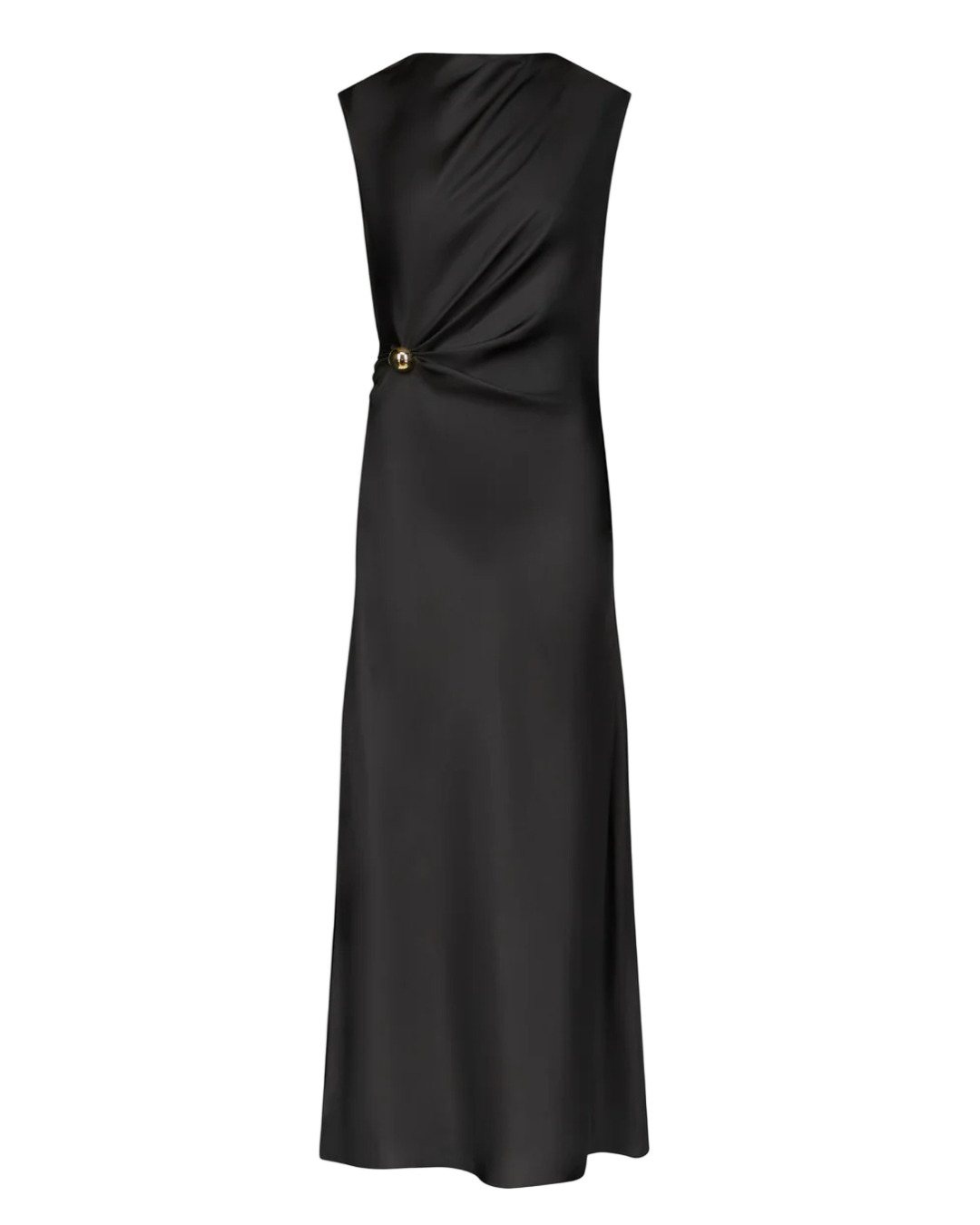 Roan Draped Dress in Black showcasing the beautiful draping effect and metallic ornament detail.