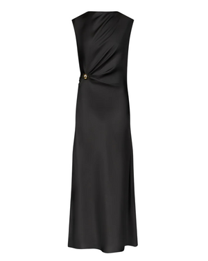Roan Draped Dress in Black showcasing the beautiful draping effect and metallic ornament detail.