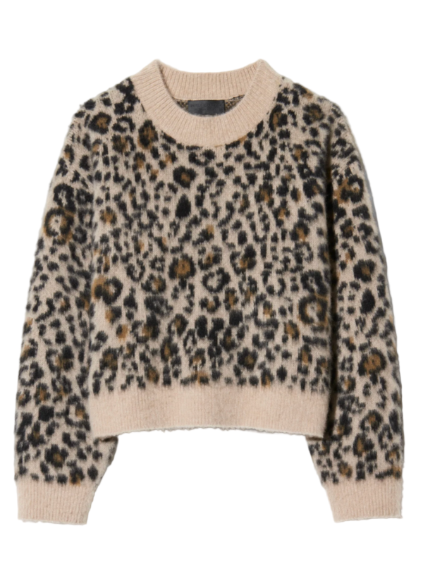 Nili Lotan Zamira Sweater in Jute Leopard, a stylish long sleeve crewneck pullover in a brushed cashmere silk blend.