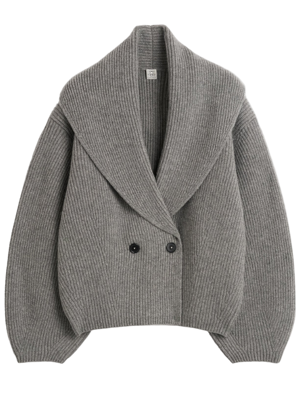 Shawl-Lapel Cardigan in Mid Grey Melange by TOTEME showcasing wide sleeves and a double-breasted button front.