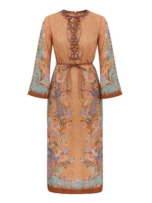 zimmermann floral midi dress Indra Tunic | Women's Linen Long Sleeve Midi Dress | Tan Scarf Floral common_color:brown Sheer-Corset Short Homecoming Dress 100% linen Color:Pastel Violet