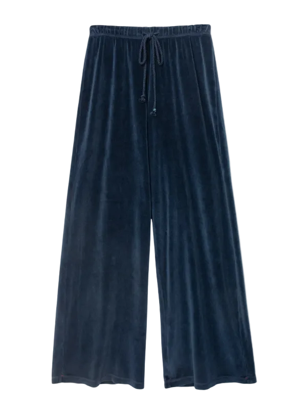Soft sapphire blue Manon Velour Pant by Xirena, featuring a wide leg and elasticized waist for a relaxed fit.