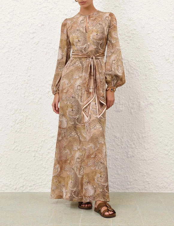 Side view of Rebellion Sheath Dress in Latte Leopard showcasing the elegant crew neckline and flowing silhouette.