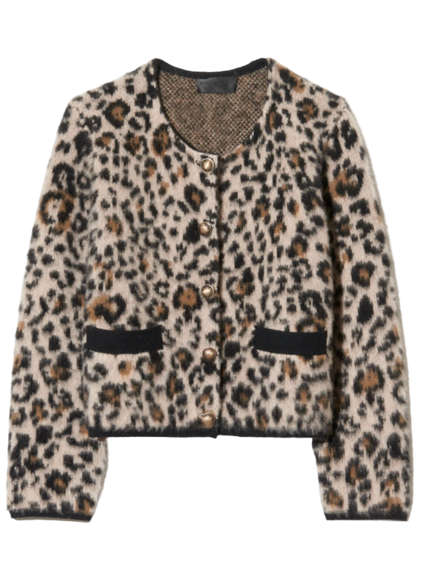 Beyton Cardigan in Jute Leopard by Nili Lotan featuring a relaxed fit and jacquard leopard stitch.