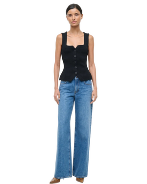 Stylish Marisa Top in Black by Staud featuring a chic compact knit and square neckline.