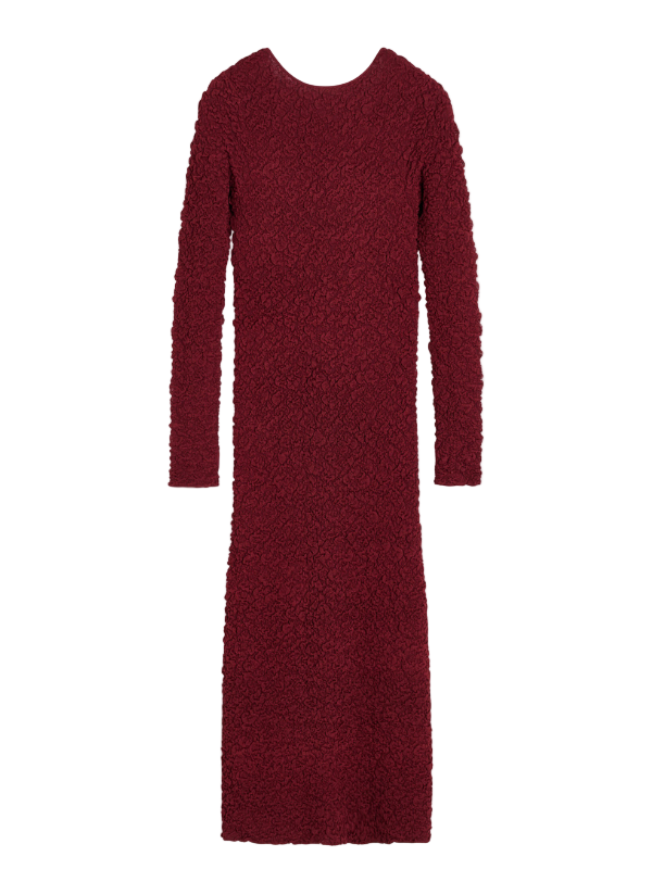 Stunning Venus Dress in Cabernet by By Malene Birger showcased on a model, highlighting its minimalist silhouette and low back design.