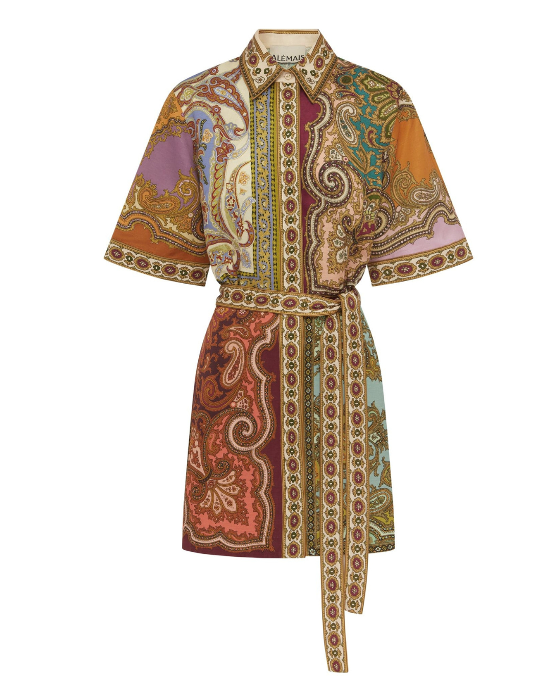Clemenza Spliced Mini Dress in Multi by Alemais, featuring a stylish multi color shirtdress silhouette with a point collar and elasticated cuff sleeves.