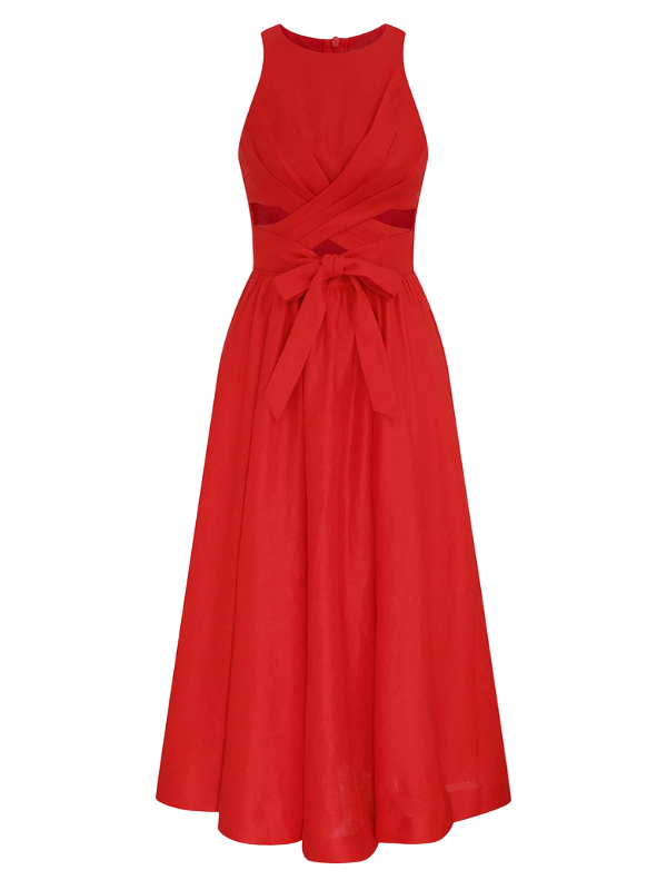 Patience Midi Dress in Dark Red displayed on a model, featuring a round neckline and criss-cross strap detailing.