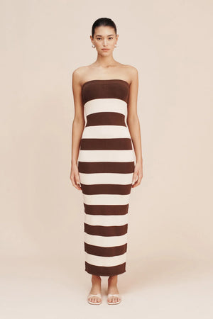 Theo Strapless Stripe Dress in Chocolate/Cream