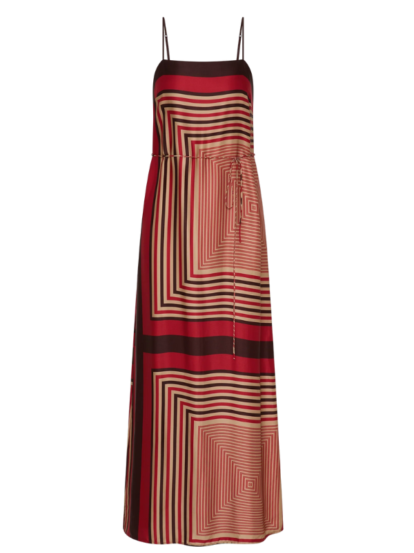 Svea Maxi Dress in Ylva Print styled on a model showcasing its relaxed silhouette and thin straps.